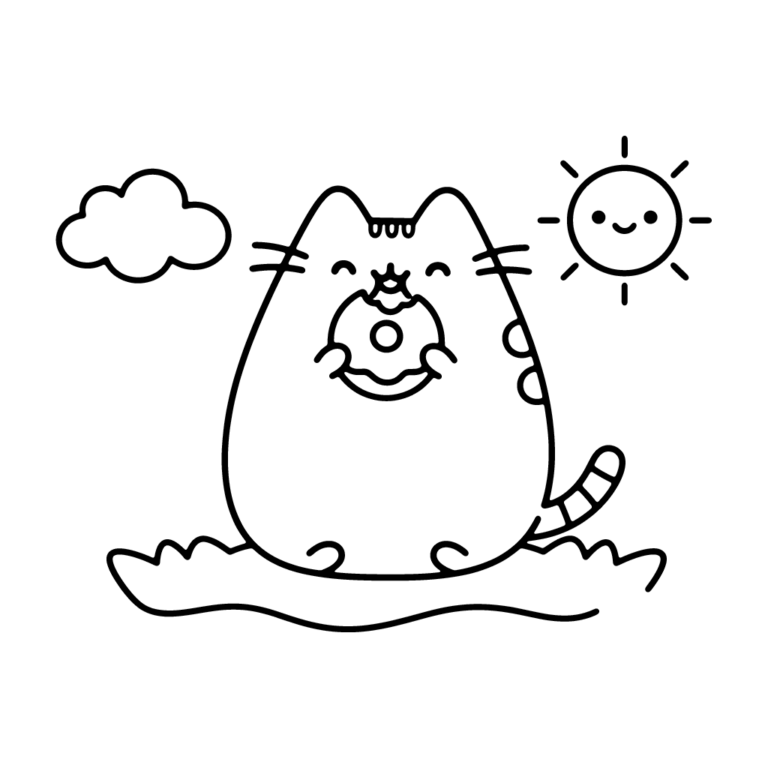 Na obrazku znajduje się uśmiechnięty kotek Pusheen siedzący na trawie i zajadający słodki pączek.