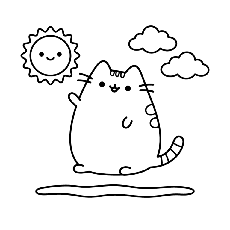 Na obrazku znajduje się uśmiechnięty kotek Pusheen machający łapką w otoczeniu chmurek i radosnego słoneczka.