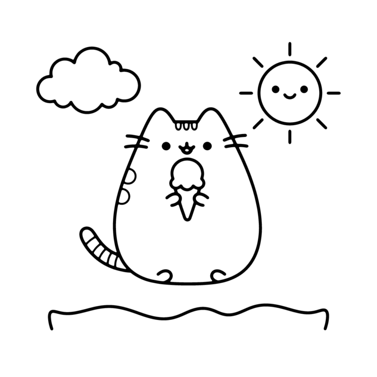 Na obrazku znajduje się uśmiechnięty kotek Pusheen siedzący na trawie i trzymający w łapkach wafelka z gałką lodów.
