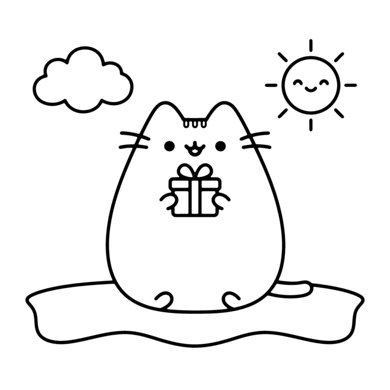 Na obrazku znajduje się uśmiechnięty kotek Pusheen siedzący na trawie i trzymający w łapkach ładnie zapakowane pudełko z kokardką.