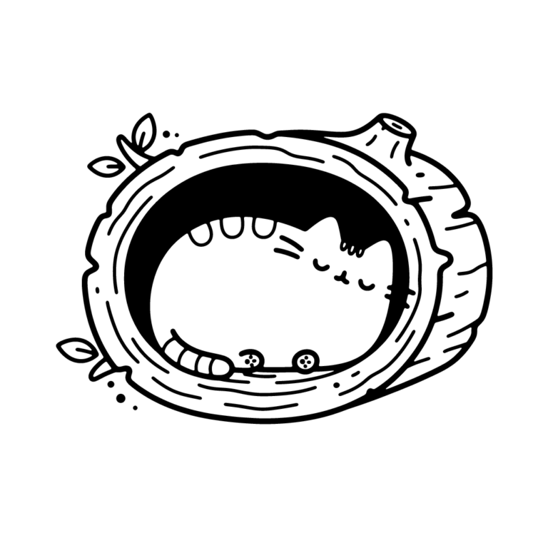 Na obrazku znajduje się uroczy kotek Pusheen smacznie śpiący w środku pnia drzewa.
