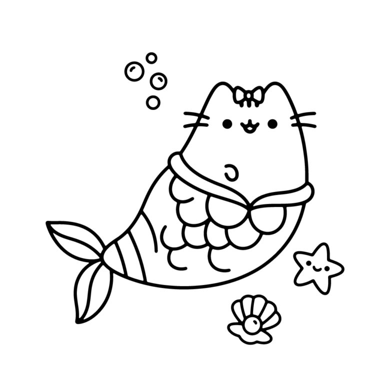 Na obrazku znajduje się uroczy kotek Pusheen w roli syrenki z ogonem ryby, otoczony bąbelkami, muszelką i uśmiechniętą gwiazdką morską.