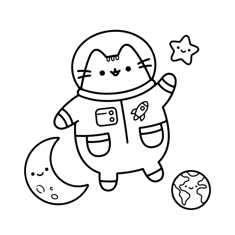 Na obrazku znajduje się wesoły kotek Pusheen w skafandrze astronauty, unoszący się w przestrzeni kosmicznej obok uśmiechniętego księżyca, planety Ziemia i gwiazdki.