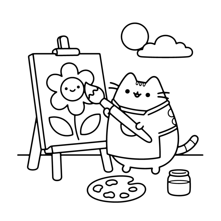 Na obrazku znajduje się uśmiechnięty kotek Pusheen w fartuszku, który stoi przy sztaludze i maluje pędzlem duży, wesoły kwiat.