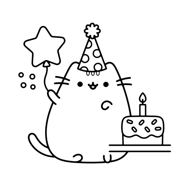Na obrazku znajduje się wesoły kotek Pusheen w cętkowanej czapeczce urodzinowej, który siedzi obok tortu ze świeczką i trzyma balonik w kształcie gwiazdki.