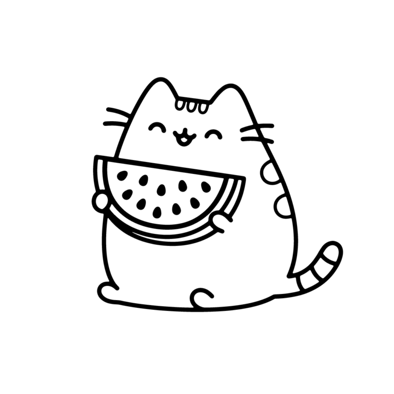 Na obrazku znajduje się uroczy kotek Pusheen siedzący na środku i trzymający w łapkach duży, soczysty kawałek arbuza.