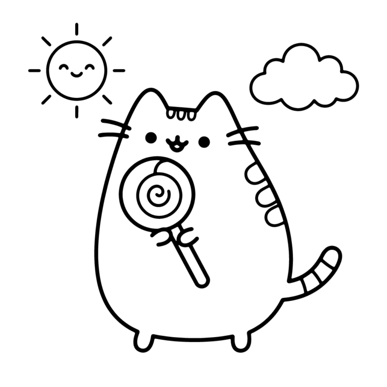 Na obrazku znajduje się uśmiechnięty kotek Pusheen trzymający w łapkach duży lizak, w otoczeniu uśmiechniętego słoneczka i chmurki.