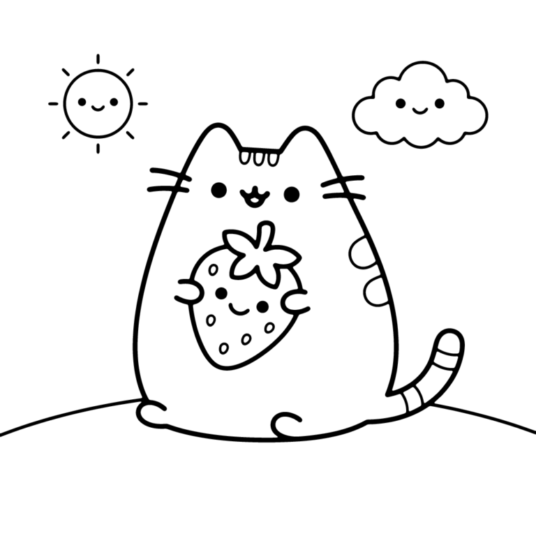 Na obrazku znajduje się uśmiechnięty kotek Pusheen siedzący na polanie i trzymający w łapkach dużą, roześmianą truskawkę, w otoczeniu słoneczka i chmurki.