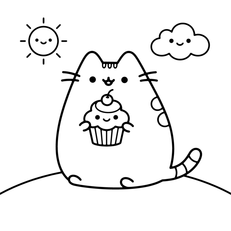 Na obrazku znajduje się uśmiechnięty kotek Pusheen siedzący na wzgórzu i trzymający w łapkach uroczą babeczkę z wisienką, w otoczeniu słoneczka i chmurki.