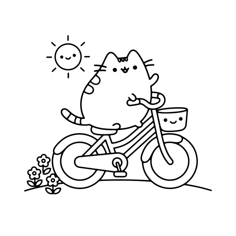 Na obrazku znajduje się uśmiechnięty kotek Pusheen jadący na rowerze z koszykiem, w otoczeniu radosnego słoneczka i kwiatków.