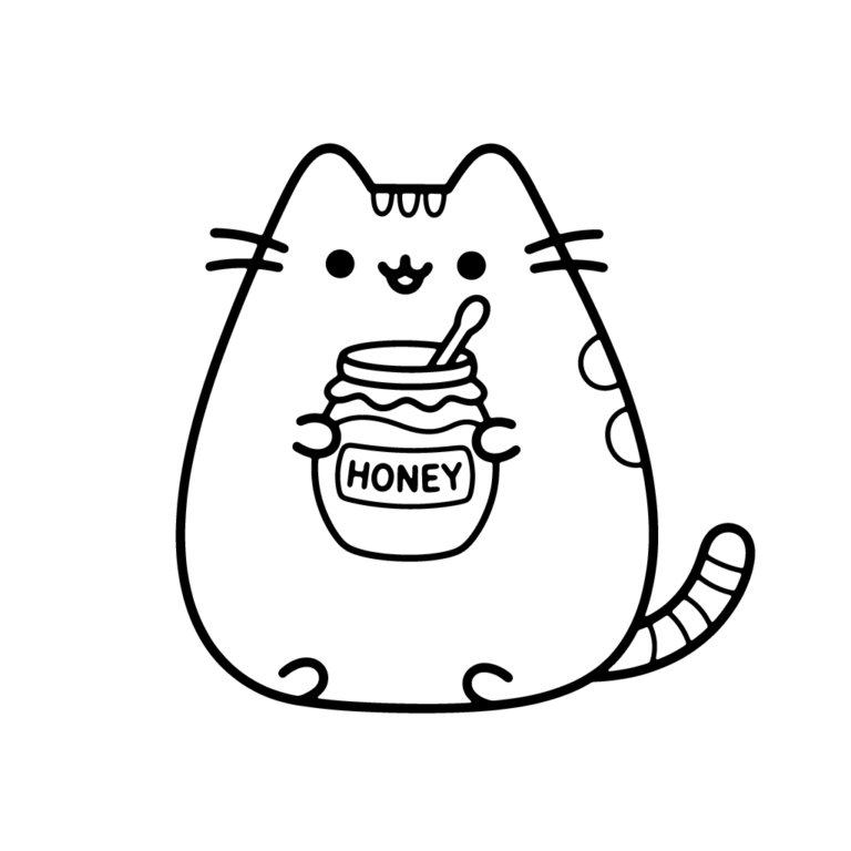 Na obrazku znajduje się uśmiechnięty kotek Pusheen trzymający w łapkach mały słoiczek miodu.