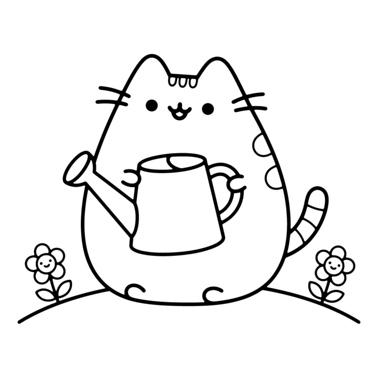 Na obrazku znajduje się uśmiechnięty kotek Pusheen trzymający konewkę, otoczony dwoma kwiatkami na trawie.