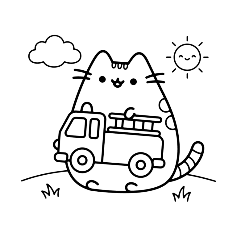 Na obrazku znajduje się wesoły kotek Pusheen trzymający mały czerwony wóz strażacki, a w tle widać chmurkę i uśmiechnięte słoneczko.