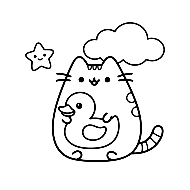 Na obrazku znajduje się uśmiechnięty kotek Pusheen przytulający żółtą gumową kaczuszkę, a w tle widać gwiazdkę i chmurkę.