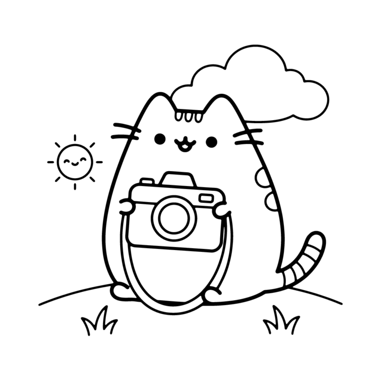 Na obrazku znajduje się uśmiechnięty kotek Pusheen trzymający w łapkach aparat fotograficzny, a w tle widać chmurkę i uśmiechnięte słoneczko.