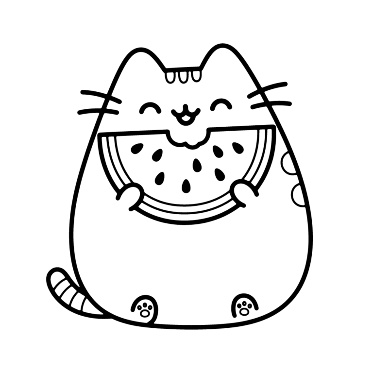 Na obrazku znajduje się uśmiechnięty kotek Pusheen, który z radością podjada wielki, soczysty plaster arbuza.