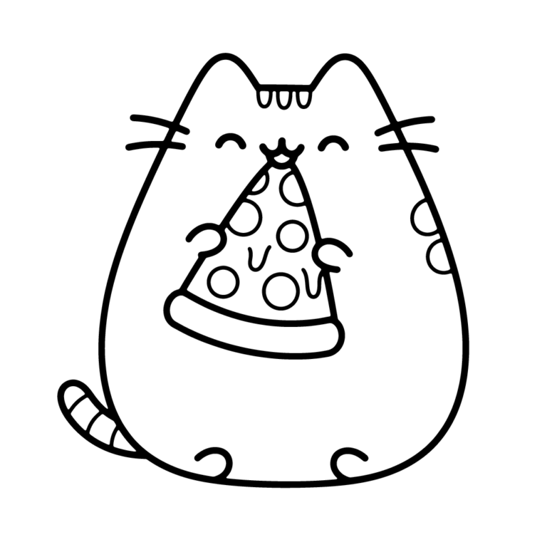 Na obrazku znajduje się uroczy kotek Pusheen, który siedzi i trzyma w łapkach duży, apetyczny kawałek pizzy z pepperoni.