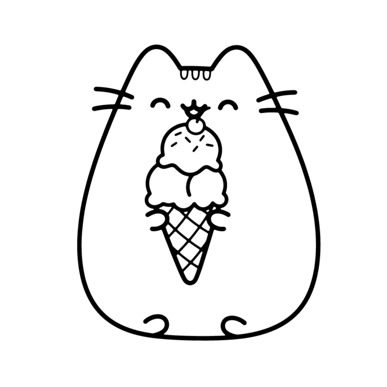 Na obrazku znajduje się uśmiechnięty kotek Pusheen, który trzyma w łapkach duży, trójgałkowy wafelek z lodami.