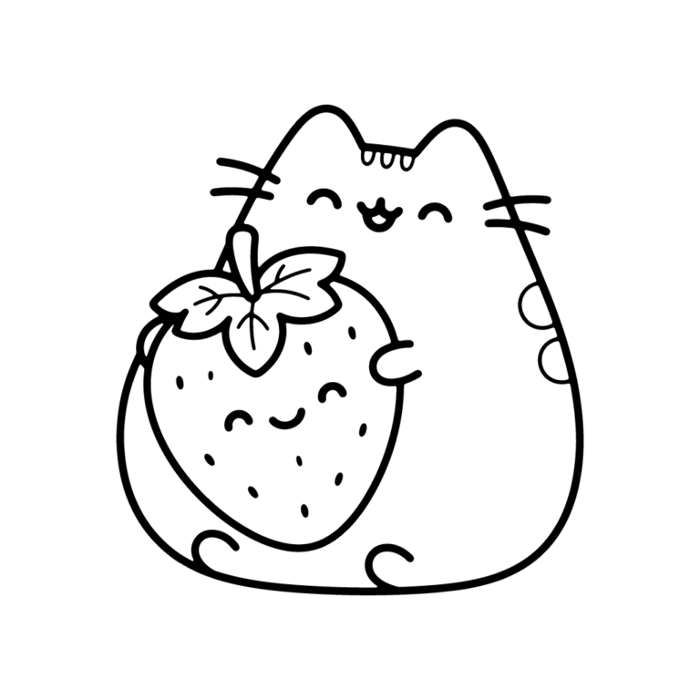 Na obrazku znajduje się wesoły kotek Pusheen, który siedzi i czule przytula do brzuszka dużą, uśmiechniętą truskawkę z listkami.