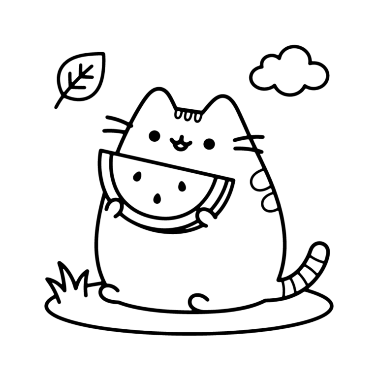 Na obrazku znajduje się uśmiechnięty kotek Pusheen siedzący na środku i zajadający duży plaster arbuza.