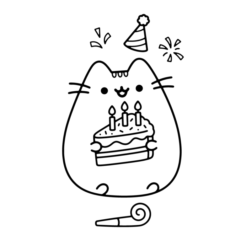 Na obrazku znajduje się uśmiechnięty kotek Pusheen trzymający kawałek urodzinowego tortu ze świeczkami.