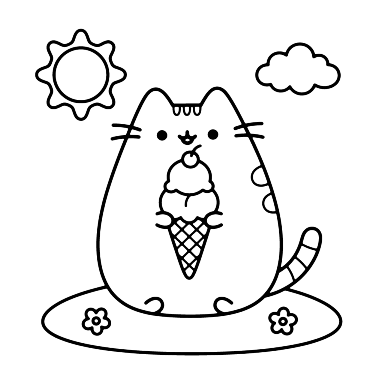 Na obrazku znajduje się duży, uśmiechnięty kotek Pusheen, który trzyma w łapkach wafelek z dwiema gałkami lodów.