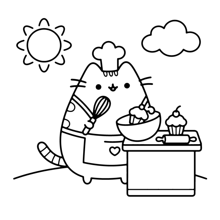 Na obrazku znajduje się uśmiechnięty kotek Pusheen w czapce kucharskiej i fartuszku, trzymający miskę i trzepaczkę obok stołu z babeczką.