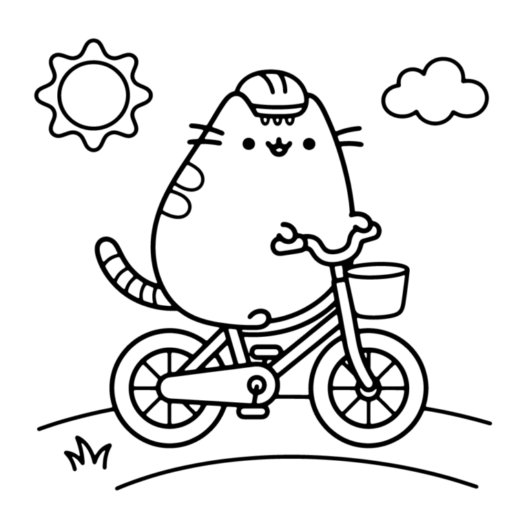 Na obrazku znajduje się wesoły kotek Pusheen w kasku, który jedzie na rowerze z koszykiem.