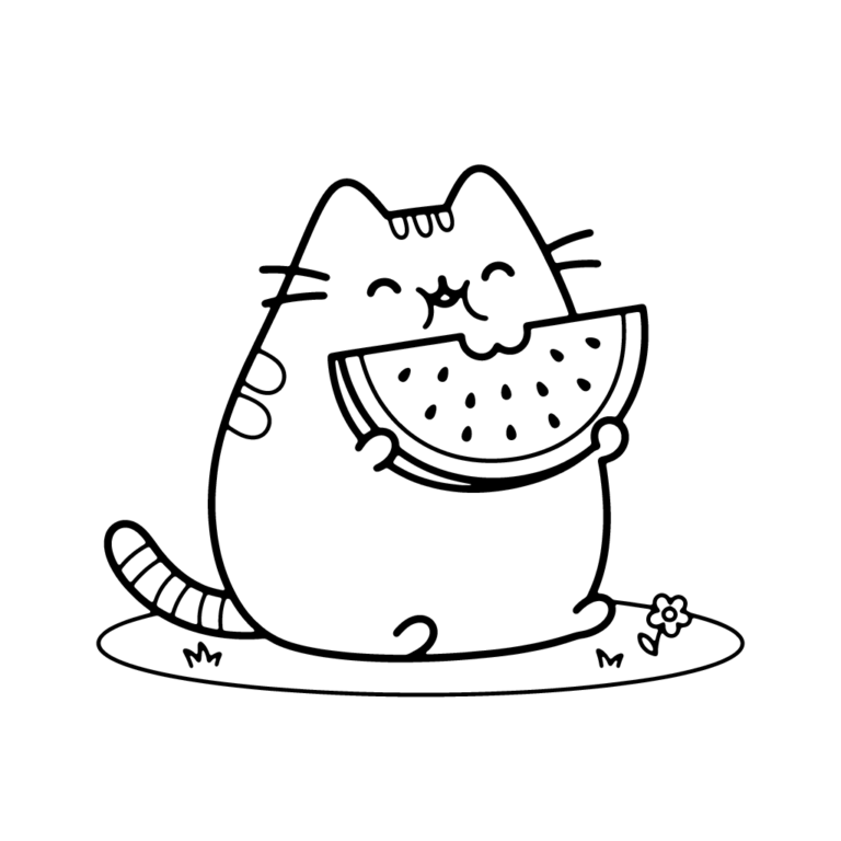 Na obrazku znajduje się uroczy kotek Pusheen z wielkim uśmiechem, który z radością zajada duży plaster arbuza.