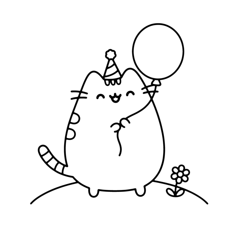 Na obrazku znajduje się kotek Pusheen w czapeczce urodzinowej, który trzyma w łapce balonik.