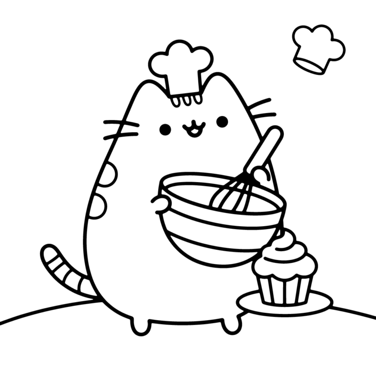 Na obrazku znajduje się uśmiechnięty kotek Pusheen w czapce kucharskiej, który miesza masę w misce obok pysznej babeczki.
