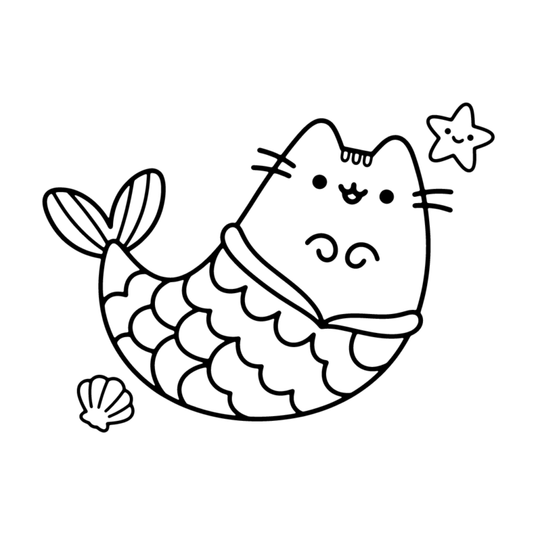 Na obrazku znajduje się uśmiechnięty kotek Pusheen z ogonem syreny, pływający w otoczeniu muszelki i rozgwiazdy.