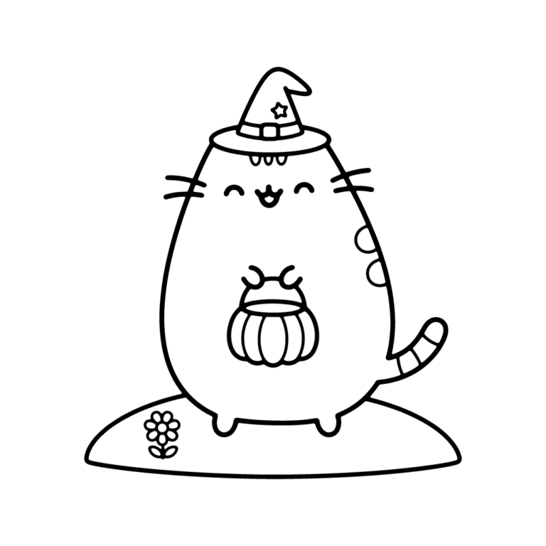 Na obrazku znajduje się uśmiechnięty kotek Pusheen przebrany za małą czarownicę w spiczastym kapeluszu, trzymający wiaderko w kształcie dyni na ławce z kwiatkiem.