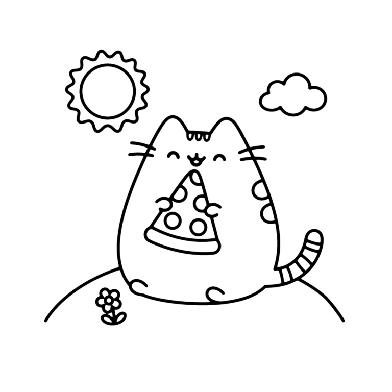 Na obrazku znajduje się uśmiechnięty kotek Pusheen, który siedzi na trawie i trzyma w łapkach trójkątny kawałek pizzy.