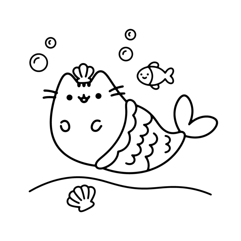 Na obrazku znajduje się kotek Pusheen w postaci wesołej syrenki z muszelką na głowie i rybim ogonem, pływająca wśród bąbelków i małej rybki.