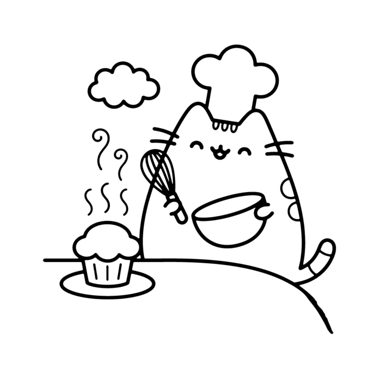 Na obrazku znajduje się uśmiechnięty kotek Pusheen w czapce kucharskiej, który trzyma miskę i trzepaczkę, przygotowując się do pieczenia babeczki stojącej na stole.