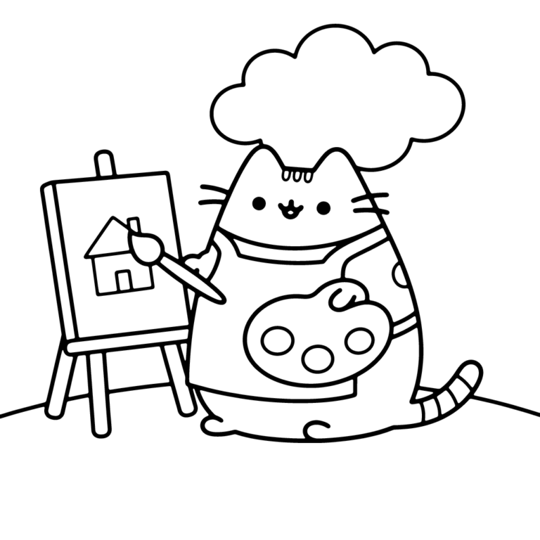 Na obrazku znajduje się uśmiechnięty kotek Pusheen w fartuszku, który trzyma paletę i pędzel, malując prosty domek na sztaludze pod dużą chmurką.