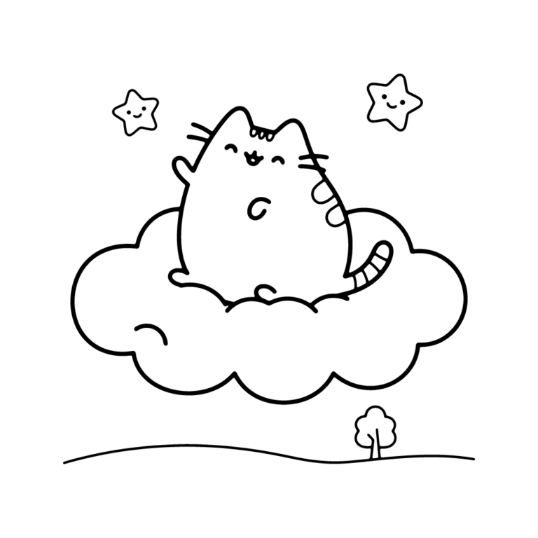 Na obrazku znajduje się uśmiechnięty kotek Pusheen, który siedzi na dużej, puszystej chmurce, machając łapką do dwóch wesołych gwiazdek.