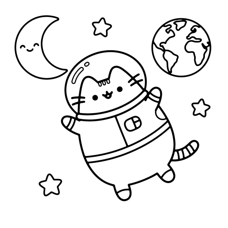 Na obrazku znajduje się wesoły kotek Pusheen w skafandrze astronauty i hełmie, unoszący się w przestrzeni kosmicznej obok uśmiechniętego półksiężyca i planety Ziemi.