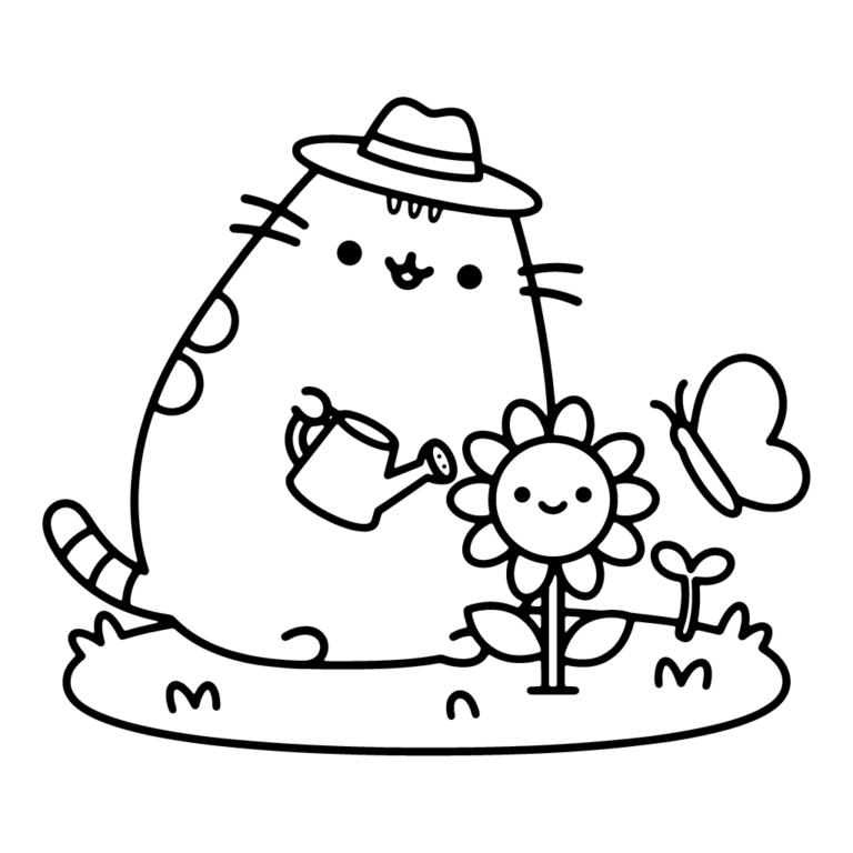 Na obrazku znajduje się uśmiechnięty kotek Pusheen w kapeluszu, który trzyma konewkę i podlewa wesołego słonecznika rosnącego na trawie obok motylka.