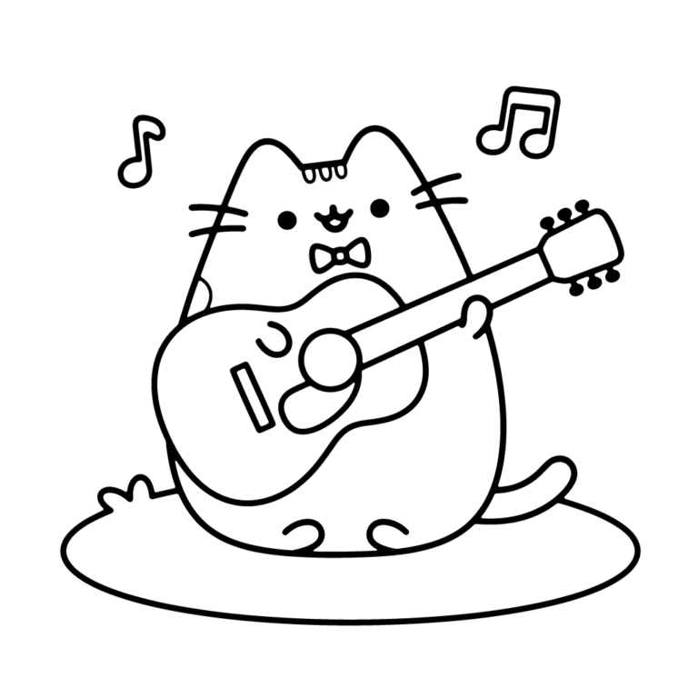 Na obrazku znajduje się uśmiechnięty kotek Pusheen w muszce, który siedzi na trawie i gra na dużej gitarze akustycznej, a obok niego unoszą się nutki.