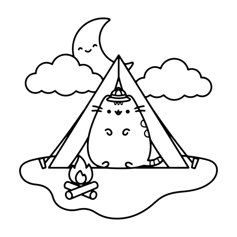 Na obrazku znajduje się uśmiechnięty kotek Pusheen w kapeluszu odkrywcy, który siedzi w wejściu do namiotu, a przed nim płonie małe ognisko pod uśmiechniętym księżycem.