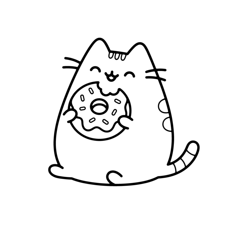 Na obrazku znajduje się uśmiechnięty kotek Pusheen siedzący z dużym pączkiem z posypką.