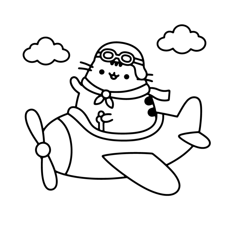Na obrazku znajduje się uśmiechnięty kotek Pusheen w czapce i goglach pilota, który siedzi w samolocie lecącym wysoko w chmurach.