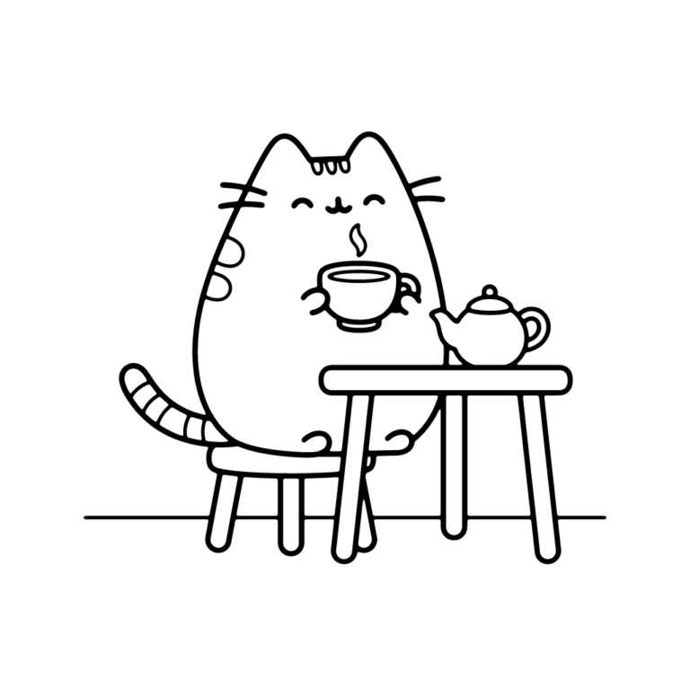 Na obrazku znajduje się uśmiechnięty kotek Pusheen siedzący przy małym stoliku i trzymający filiżankę gorącej herbaty.
