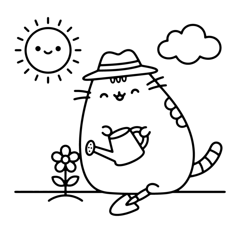 Na obrazku znajduje się uśmiechnięty kotek Pusheen w kapeluszu, który podlewa mały kwiatek konewką na tle słoneczka.