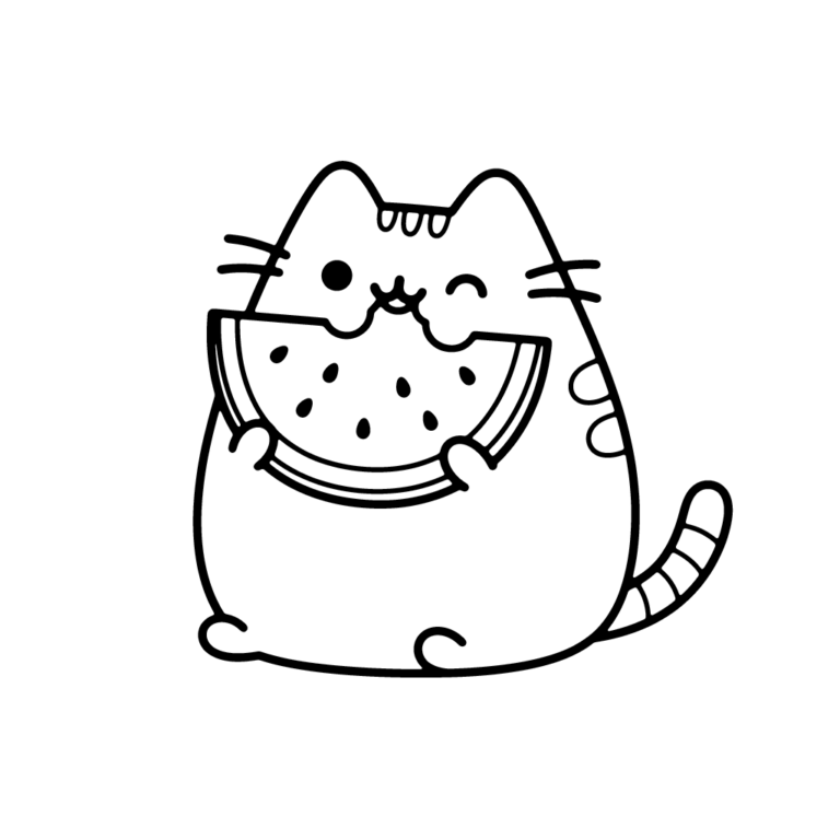 Na obrazku znajduje się uśmiechnięty kotek Pusheen, który z radością zajada wielki, soczysty kawałek arbuza.