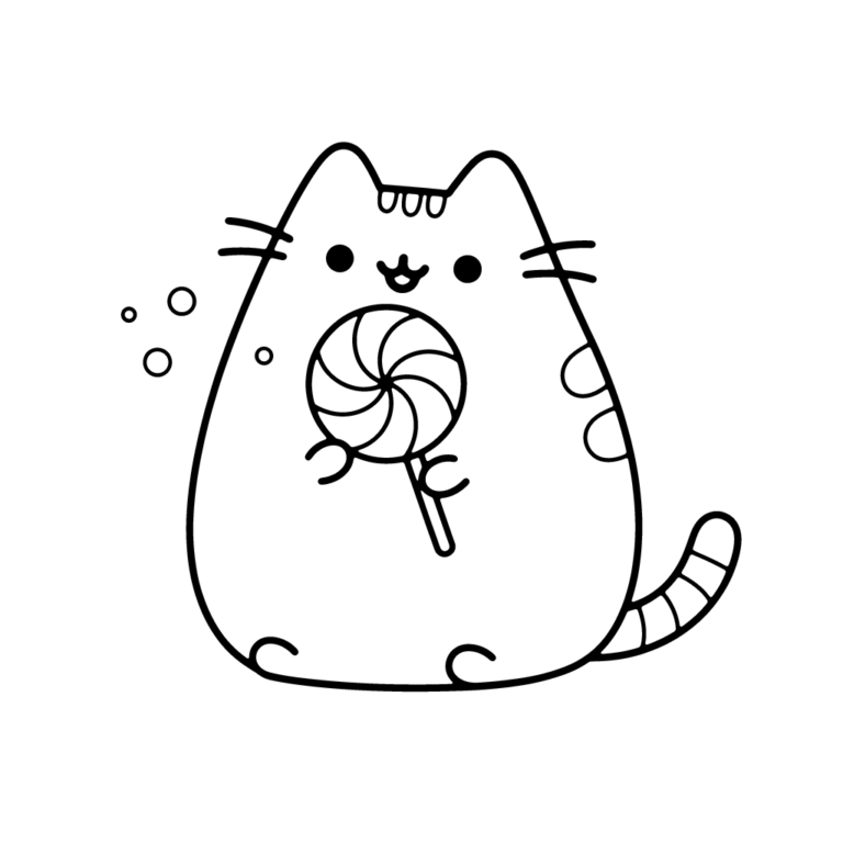 Na obrazku znajduje się wesoły kotek Pusheen, który trzyma w łapkach dużego, kolorowego lizaka.