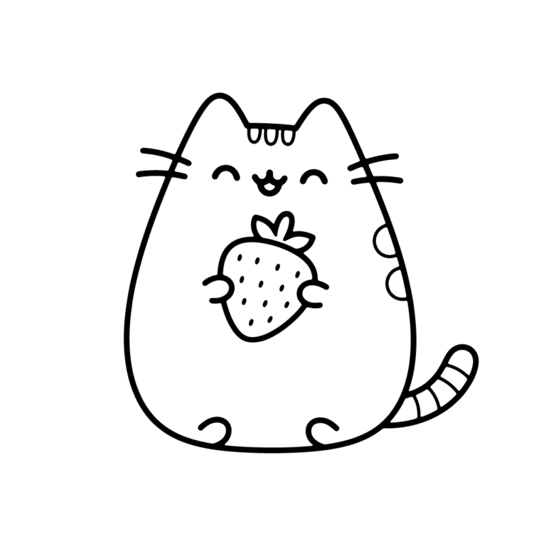 Na obrazku znajduje się uśmiechnięty kotek Pusheen, który trzyma w łapkach dojrzałą, czerwoną truskawkę.