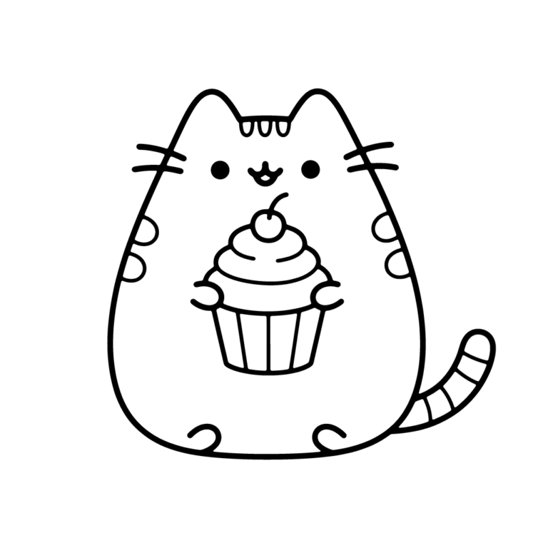 Na obrazku znajduje się uśmiechnięty kotek Pusheen, który trzyma w łapkach apetyczną babeczkę z wisienką na czubku.